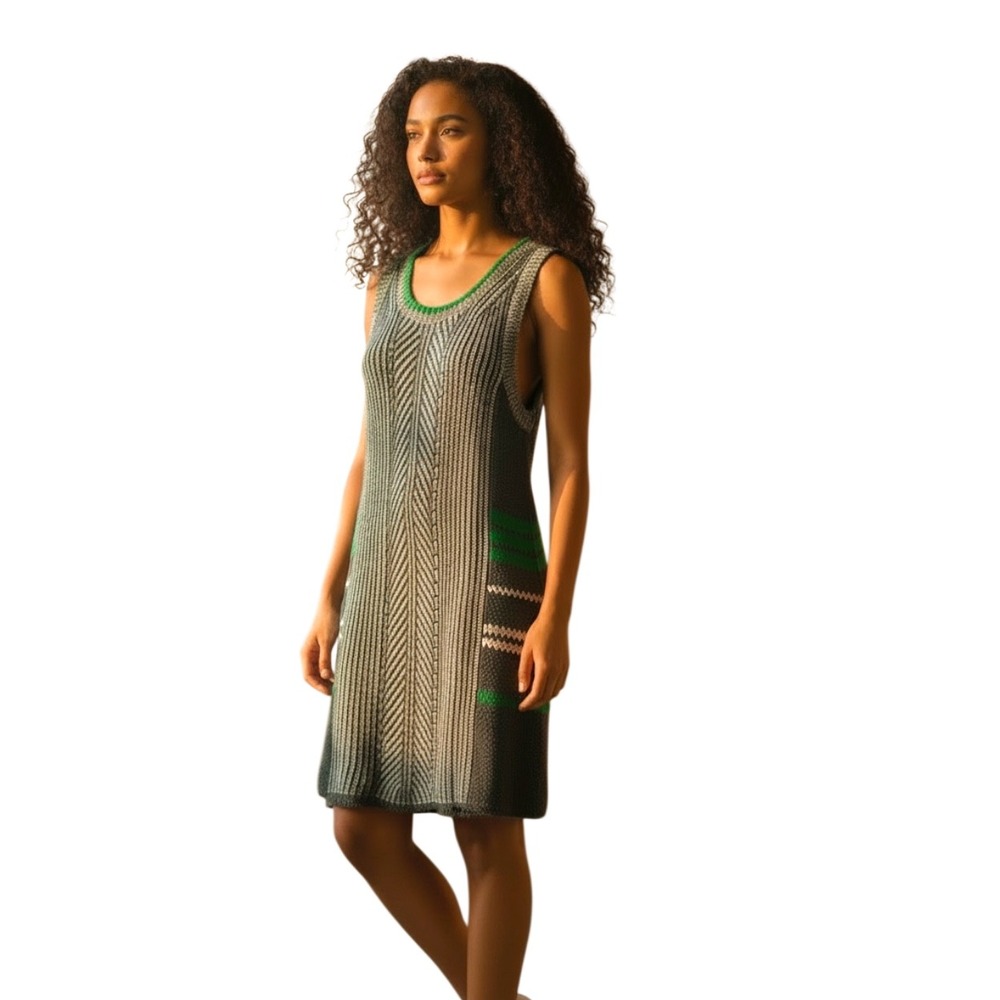 Cabi Women Grey Green Striped Chevron Ribbed Knit Sleeveless Dress Office Size S